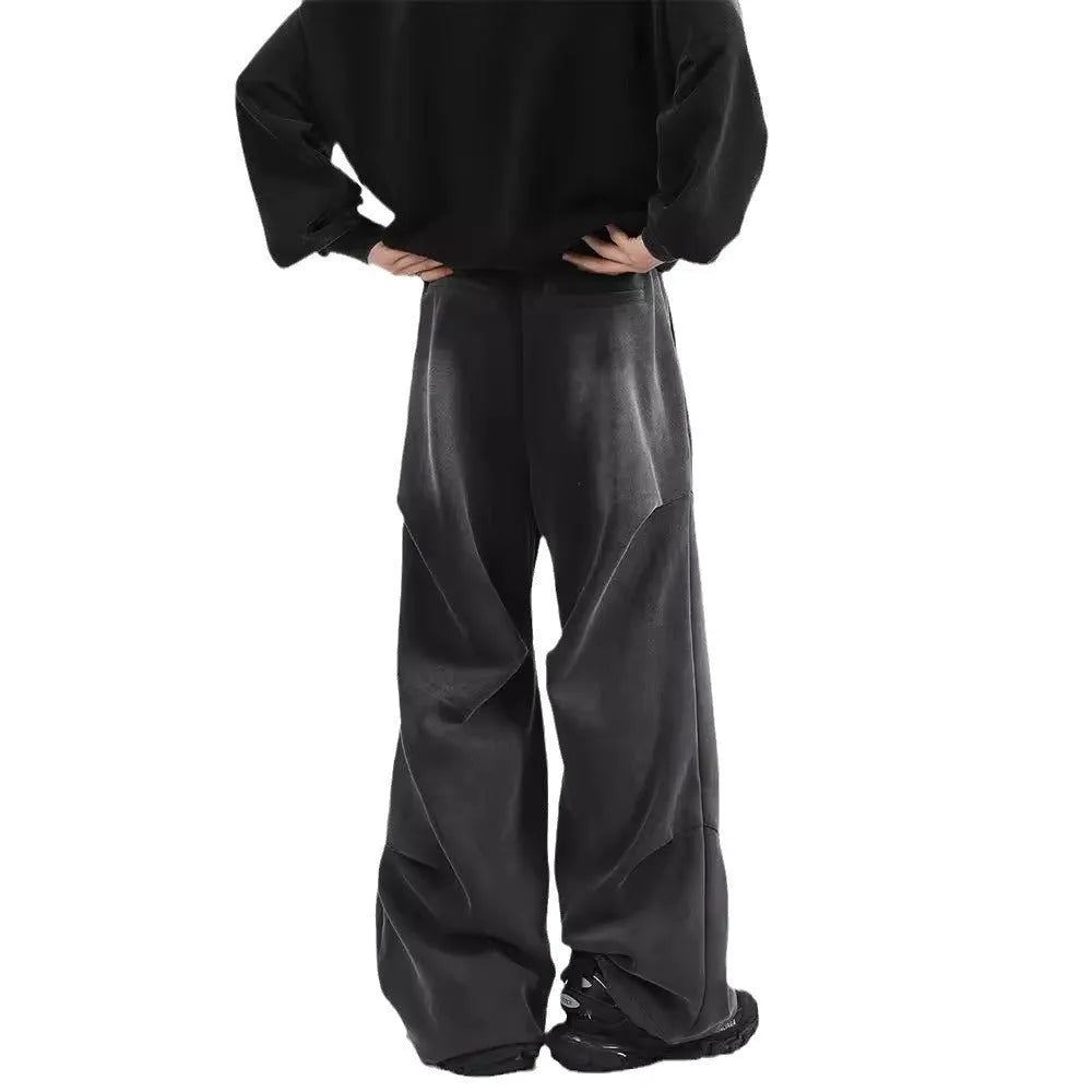 Men's straight loose cotton sweatpants with pleated design, elastic waist, in black and gray, sizes S-XXXL
