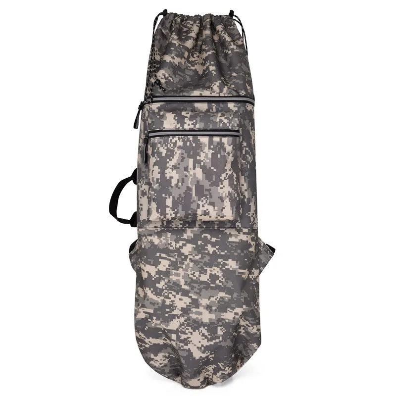 Lightweight waterproof nylon skateboard backpack in camouflage colour with large capacity.