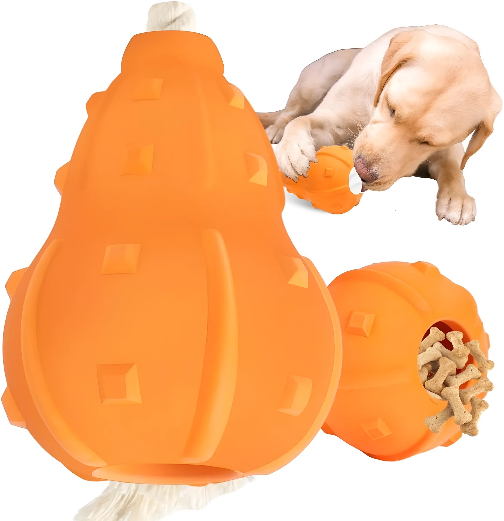 Durable natural rubber dog toy for small medium breeds, shown with a longer strap for fetch.