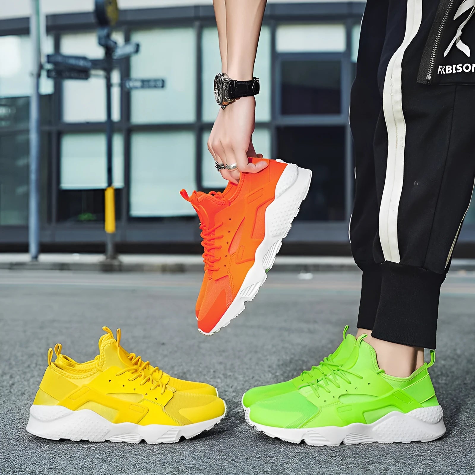 Men's low top casual mesh shoes in fluorescent red with lace-up closure and cross straps.
