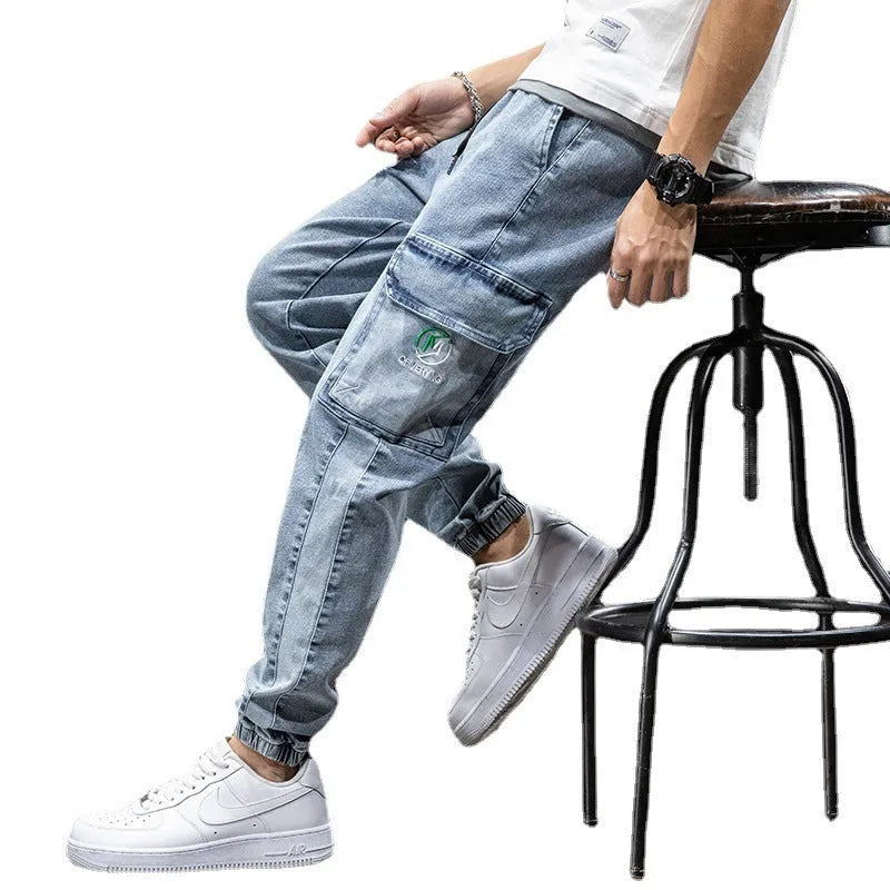 Men's Korean-style cargo jeans with straight leg and micro-elastic cotton fabric
