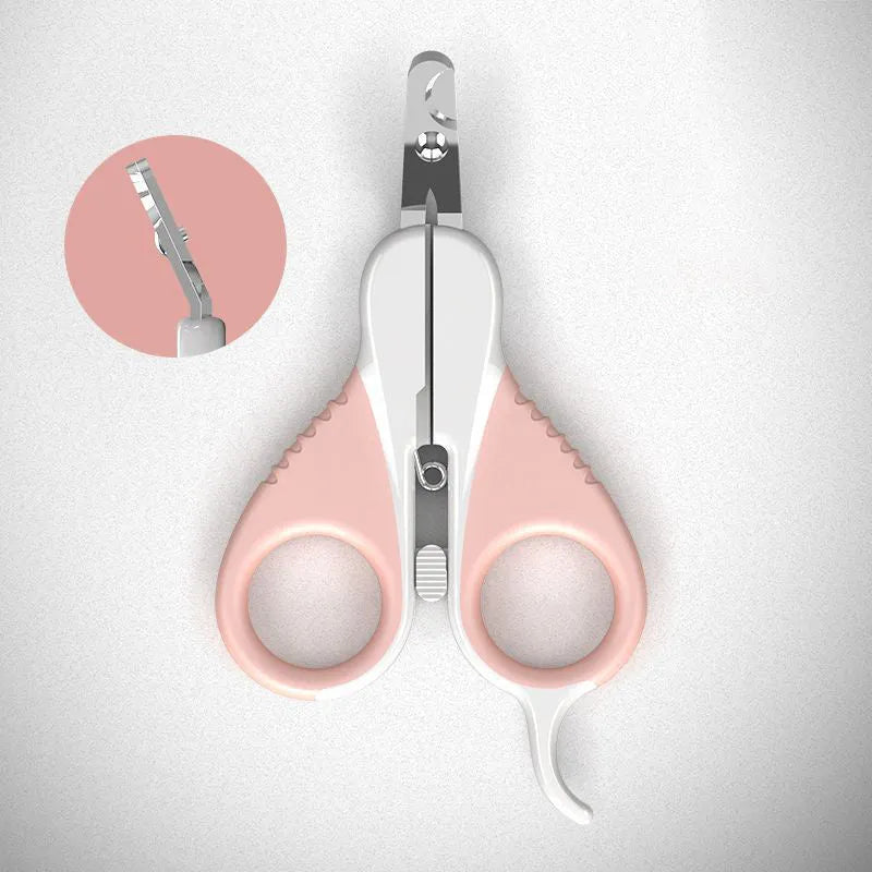 Grey and pink cat nail clippers with safety guard and angled stainless steel blade for small pet grooming
