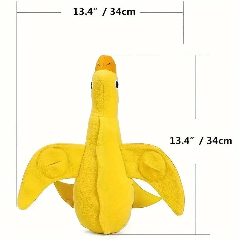 Yellow teddy duck dog toy with food leak openings for treat dispensing during training and play