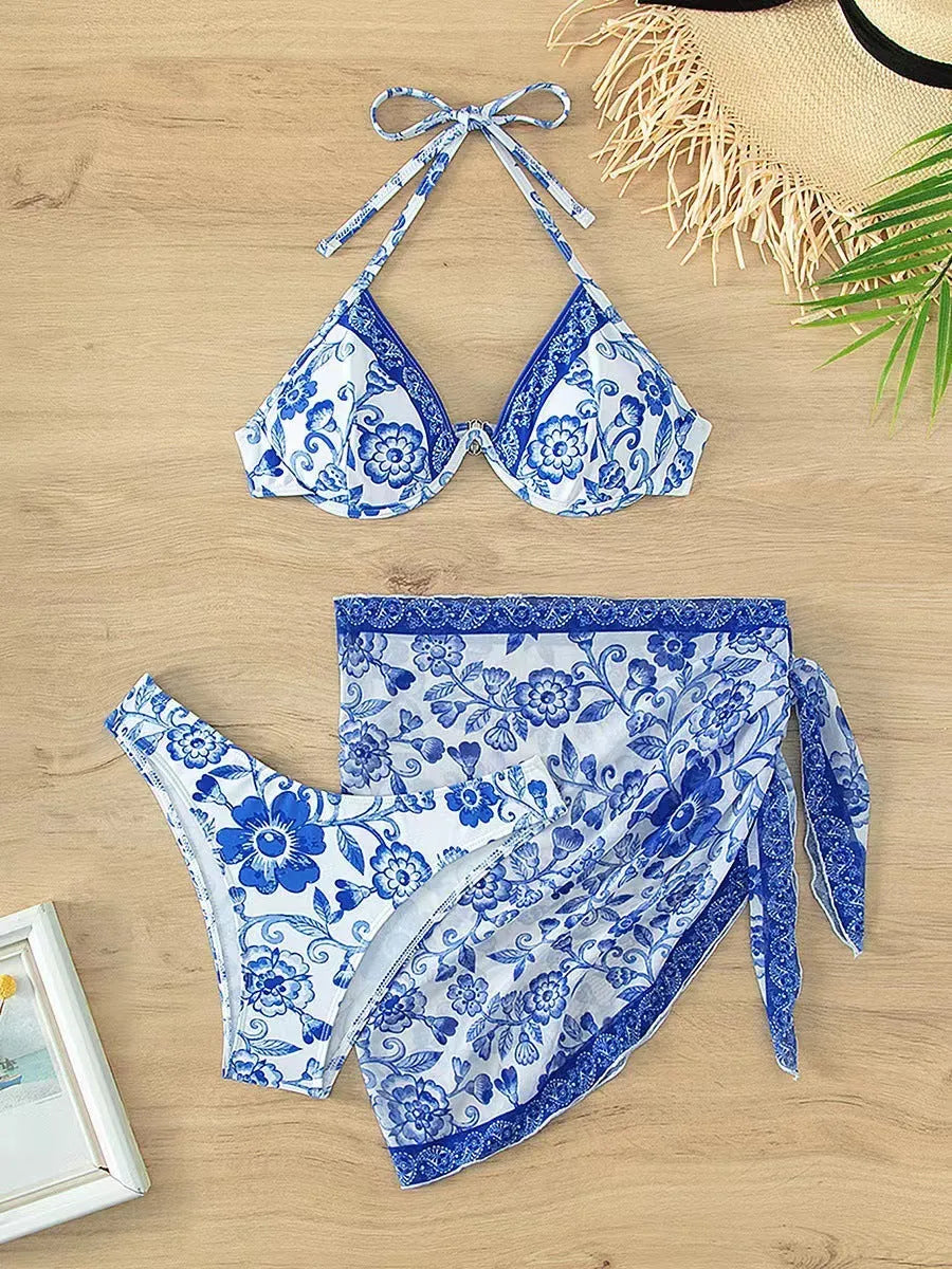 Blue and white porcelain printed bikini set with adjustable lace-up top and matching bottoms
