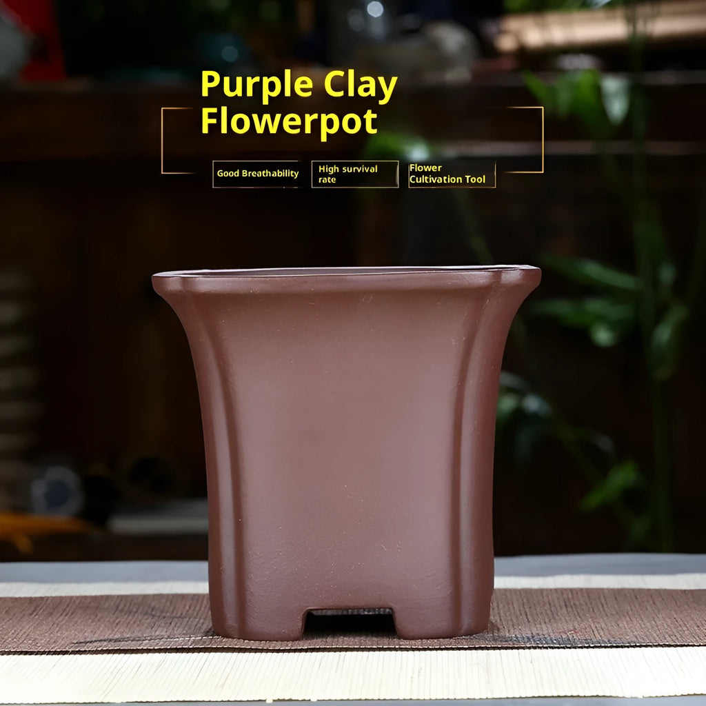 Purple sand stoneware classical square orchid pot in purple colour with gasket on surface