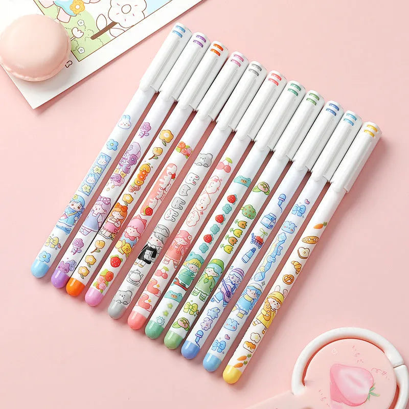 Twelve coloured cartoon-design gel pens with 0.5mm tips arranged in set