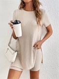 Women's cotton crew neck shorts set in khaki with ribbed texture detail