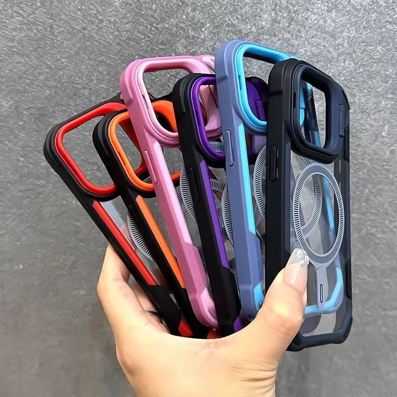 Four-corner drop-resistant airbag phone case with invisible bracket and magnetic back, compatible with iPhone 13 to 16 Pro Max
