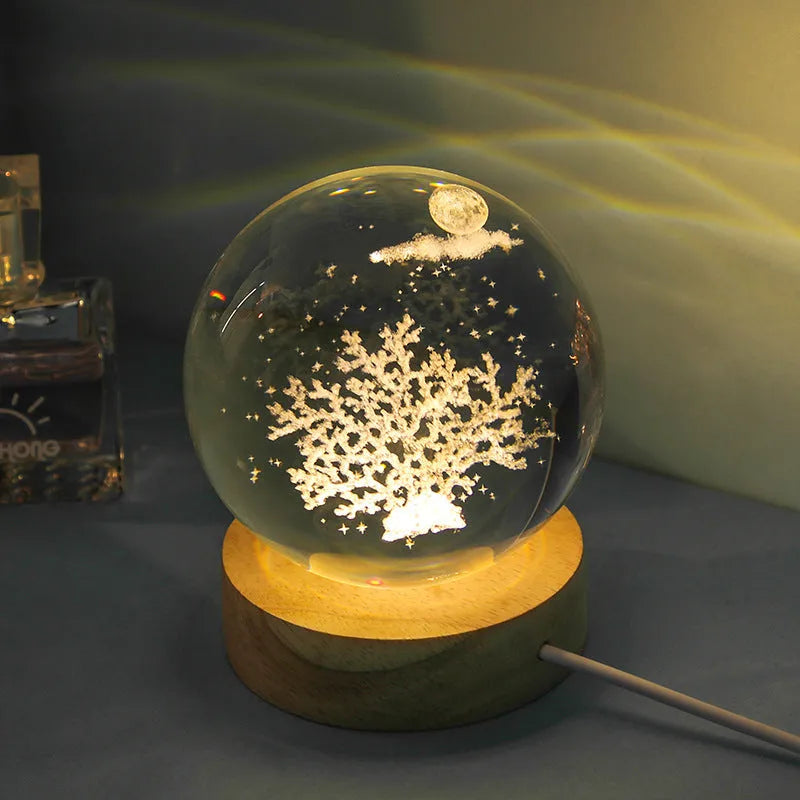 Transparent crystal ball night lamp with 3D carved jellyfish design, showing 6cm size on round base.