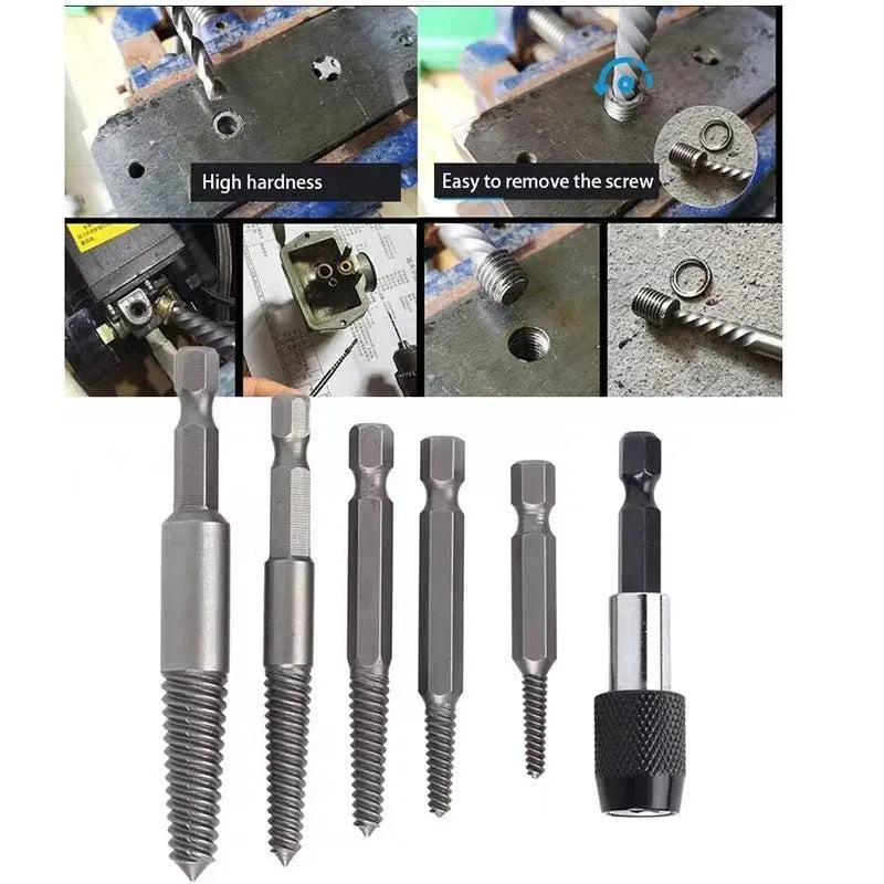 Silver household hexagonal handle screw extractor 12-piece set on a dark surface