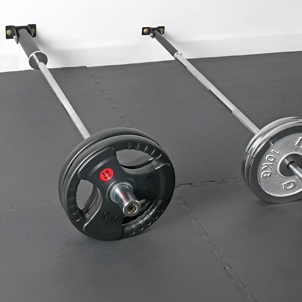 Black steel wall rack with 25 tubes for storing barbells and rods.