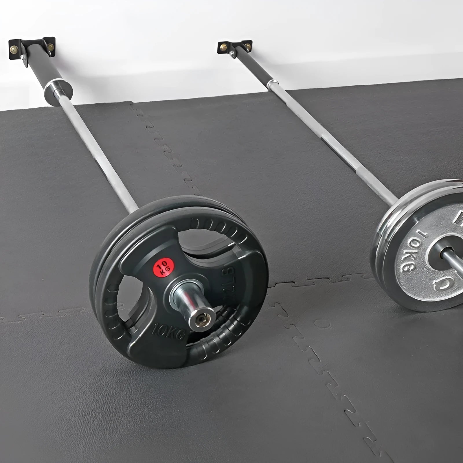 Black steel wall rack with 25 tubes for storing barbells and rods.