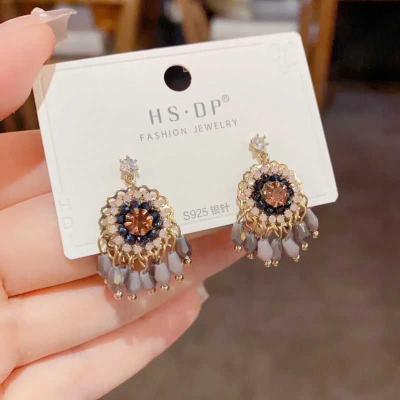 Purple diamond round crystal tassel earrings with thick gold-plated geometric design