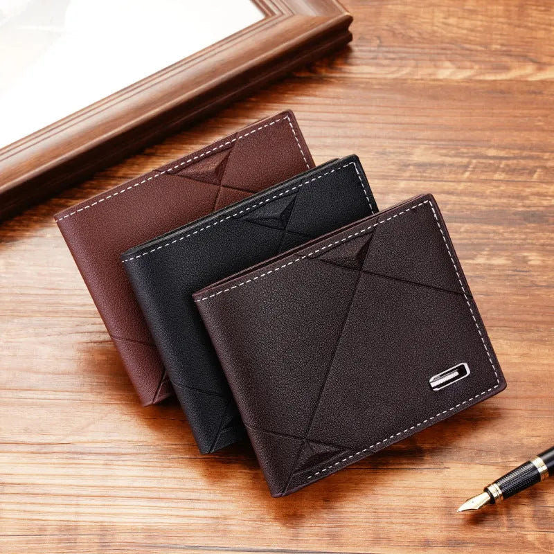 Men's thin three-fold horizontal PU leather wallet showing multiple card slots in black colour