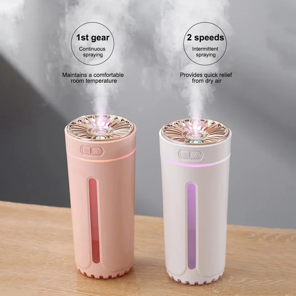 Black portable car humidifier with colourful lights on a car dashboard cup holder