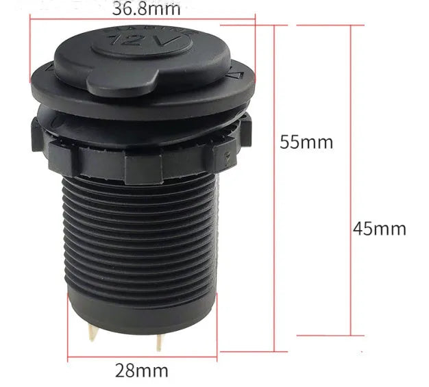 Waterproof vehicle cigarette lighter socket with 12V output and ABS construction, 2.8cm hole size