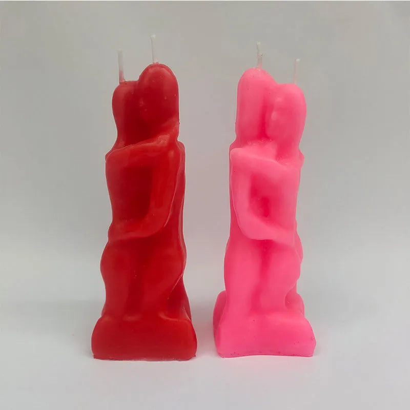 Small couple hug candle ornament in pink or red paraffin wax, size S, single candle for home decor