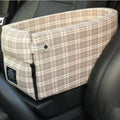 Portable nonslip pet car seat in mocha fabric on car central armrest for small dogs and cats