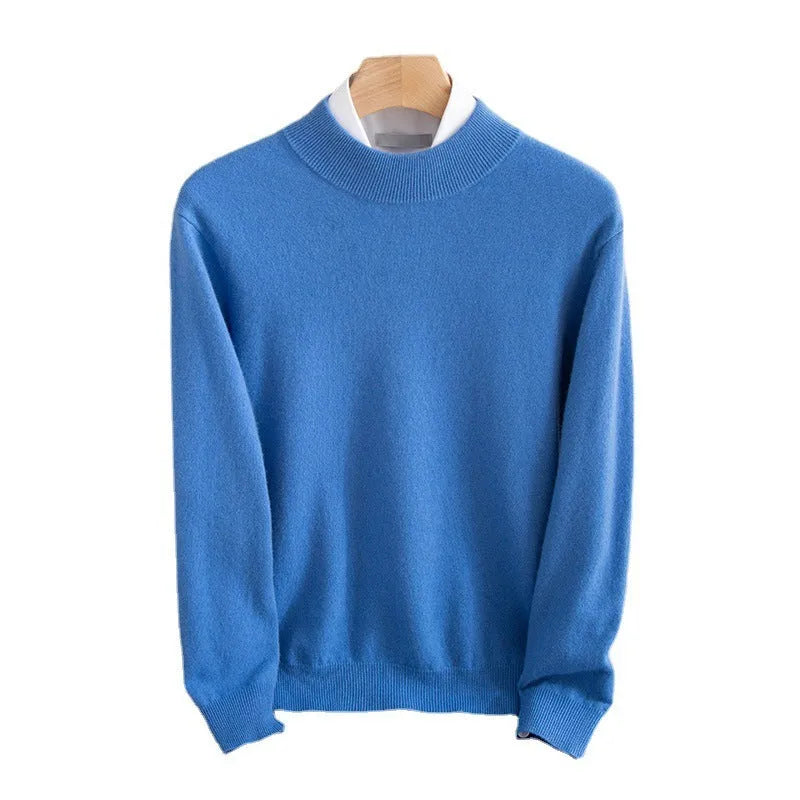 Men's half-collar loose fit wool sweater in a range of colours including black, brown, camel, grey, blue, and red.
