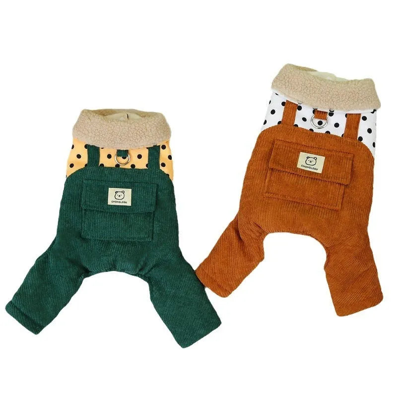 Brown four-legged polyester cotton-padded pet coat for dogs, autumn winter outdoor wear, side view