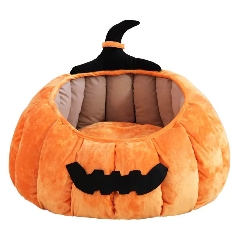 Halloween pumpkin-shaped pet bed with cartoon devil design for cats and small dogs