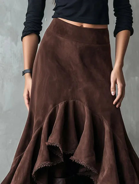 Western brown high-low maxi skirt with ruffle accents in eco suede-look polyester fabric