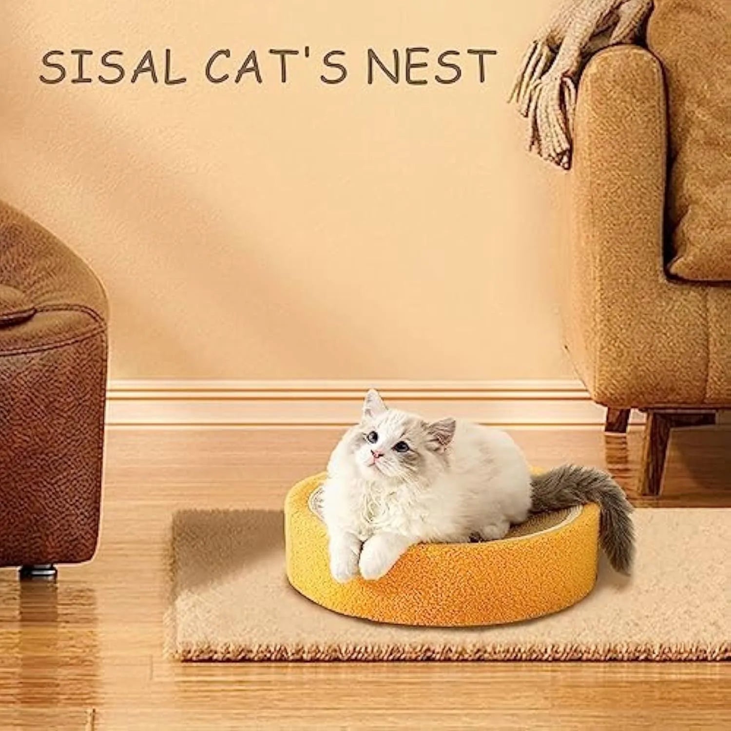 Yellow round sisal cat scratching board and bed with a concave centre for cats.