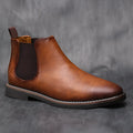 Men's retro cowhide Chelsea boots with round toe and wedge heel, artificial PU upper, rubber sole, car stitching detail