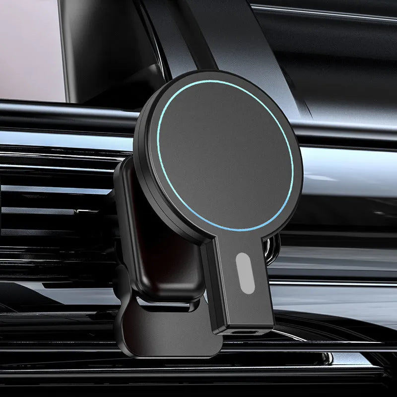 White and black magnetic wireless charger for mobile phones on a desk, showing compact size.
