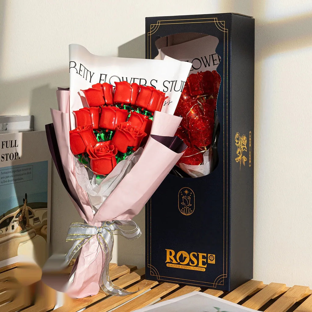 Artificial rose building blocks bouquet plastic small particle set with red rose colour box packaging