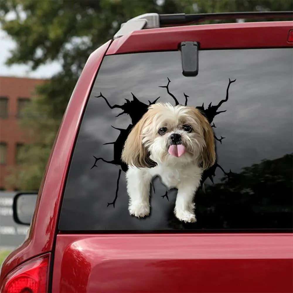 Tearing cartoon dog body reflective window sticker in three size options on glass