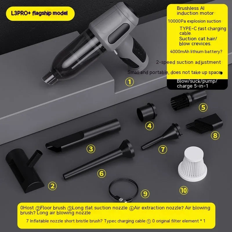 Black cordless handheld car vacuum cleaner with attachments on a grey car seat.