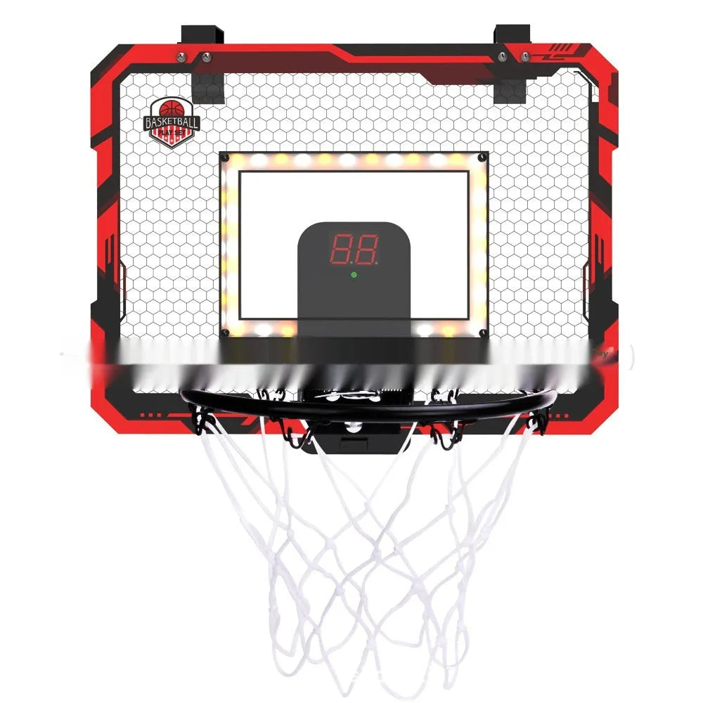 Red and blue folding basketball frame with suction cups and iron hook for dunking or ball storage.