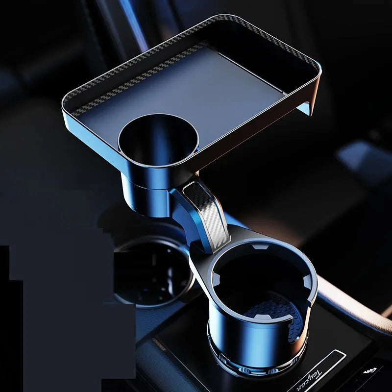 Black ABS plastic car-mounted rotating dinner tray holder showing 360-degree rotation function