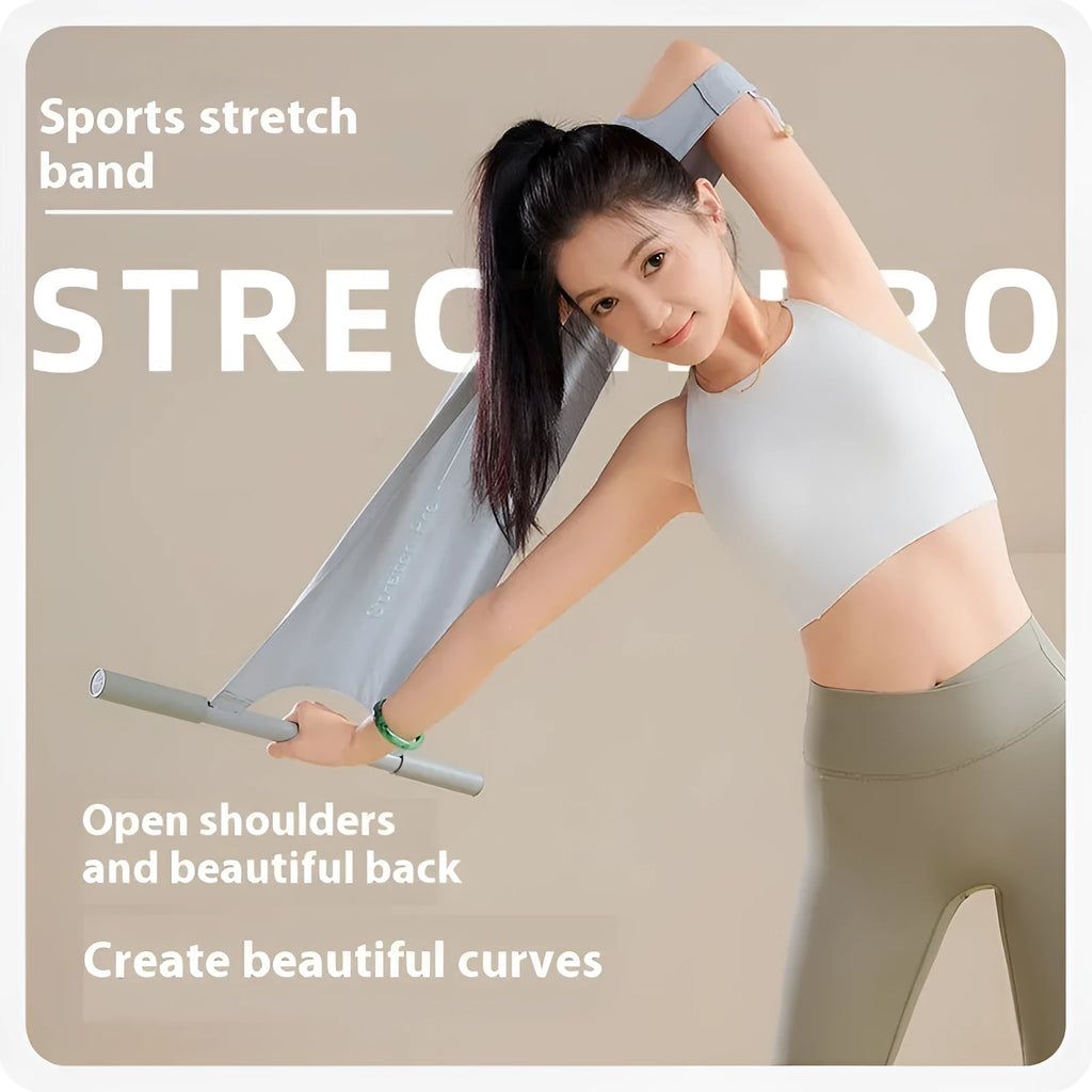 Grey and pink yoga stretching tool for shoulder, back and hip flexibility exercises.