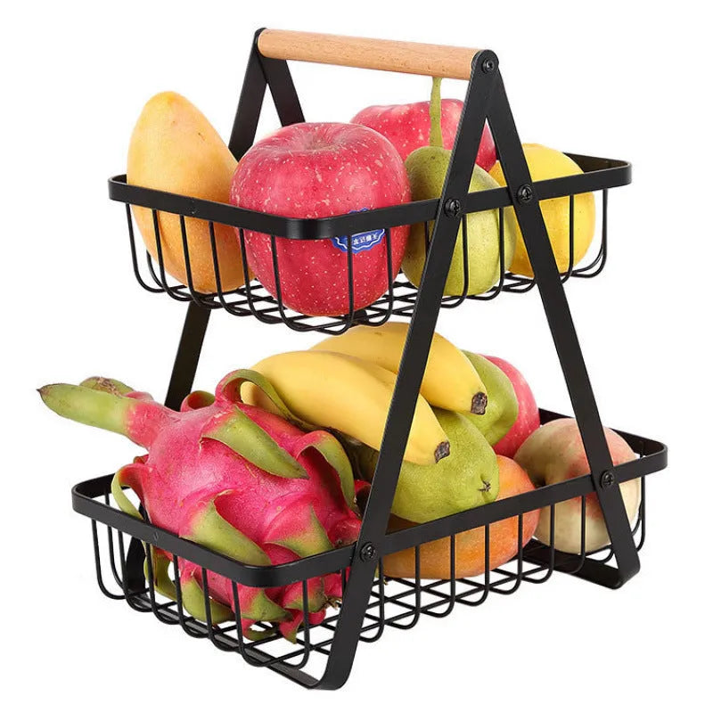 Black detachable double-layer iron fruit basket with wooden handle showing separated and stacked configurations
