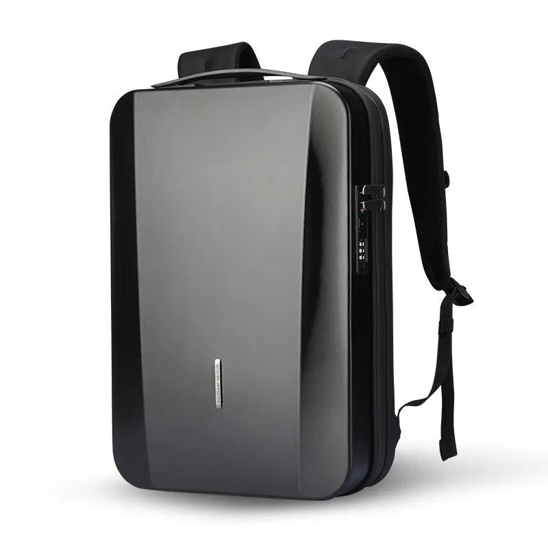 Anti-theft 17.3-inch laptop backpack with ABS hard shell, USB interface, and curved shoulder straps in Deep Space Black