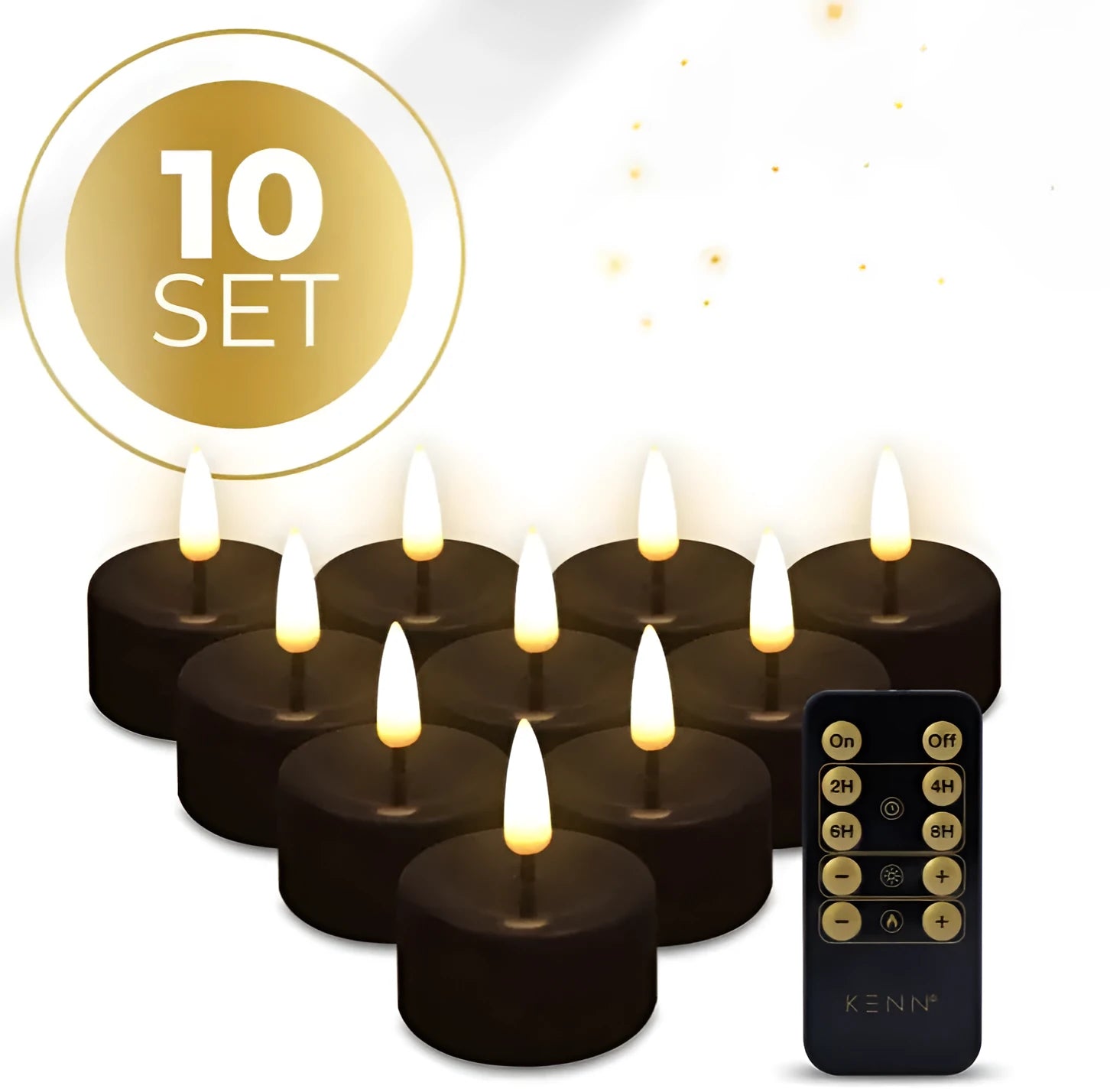 Four black LED tealight candles showing flickering light effect on a table.