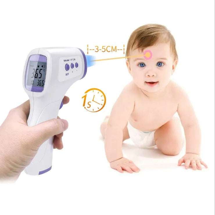 White RAK-FI03 non-contact infrared forehead thermometer with English interface and AAA battery compartment