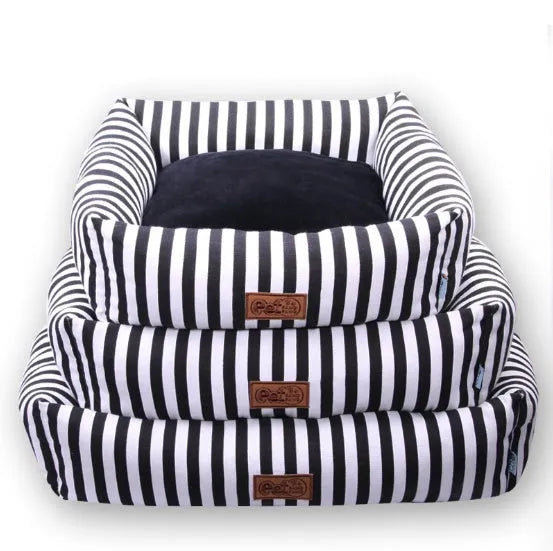 Square canvas pet house for dogs and cats, white and black strip pattern, anti-biting material, three sizes S M L