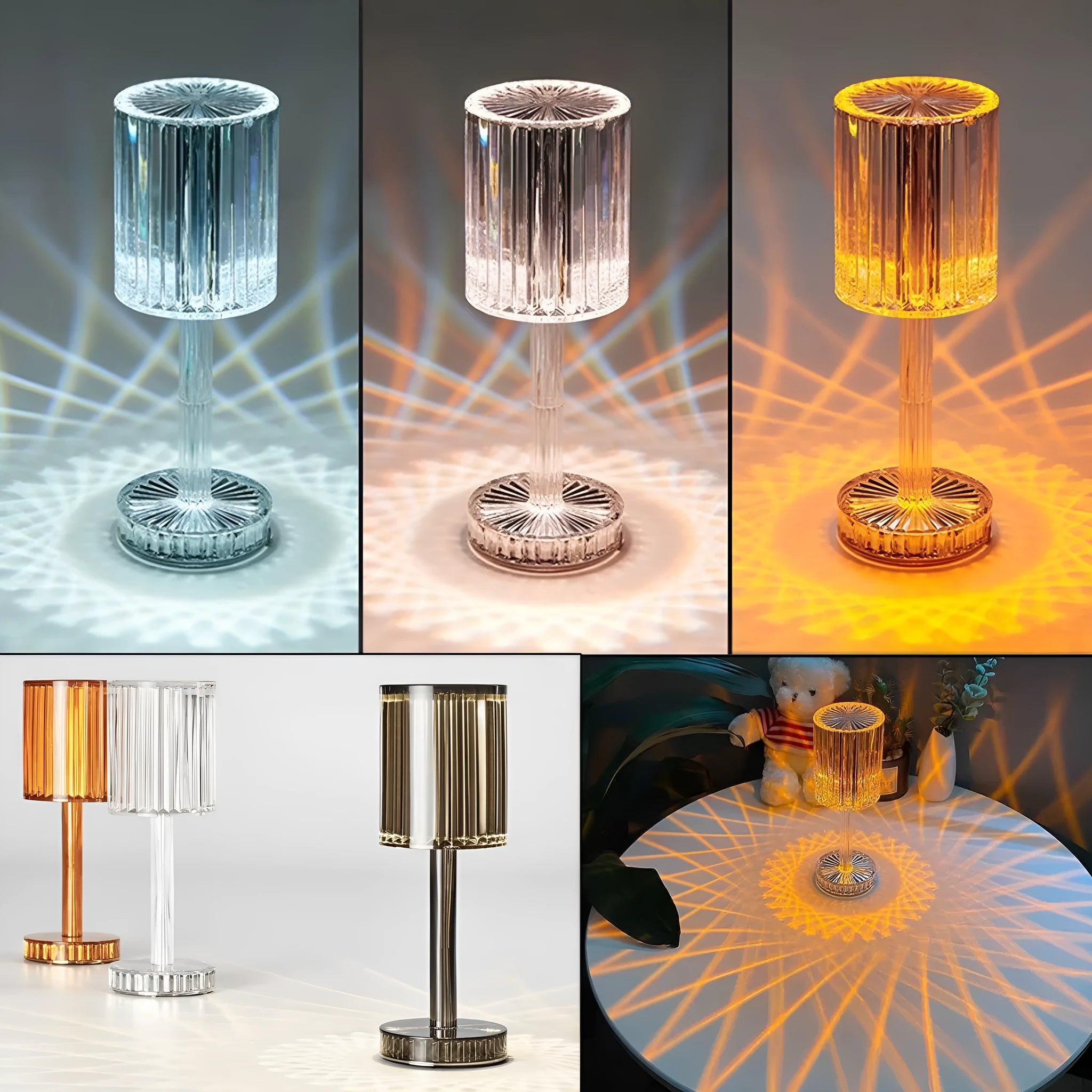Modern crystal table lamp with touch dimming base and transparent K9 crystal bead lampshade on a nightstand.