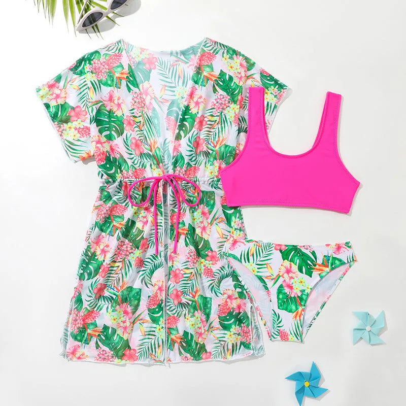 Girls' floral pattern two-piece swimsuit with polyester fabric in briefs style