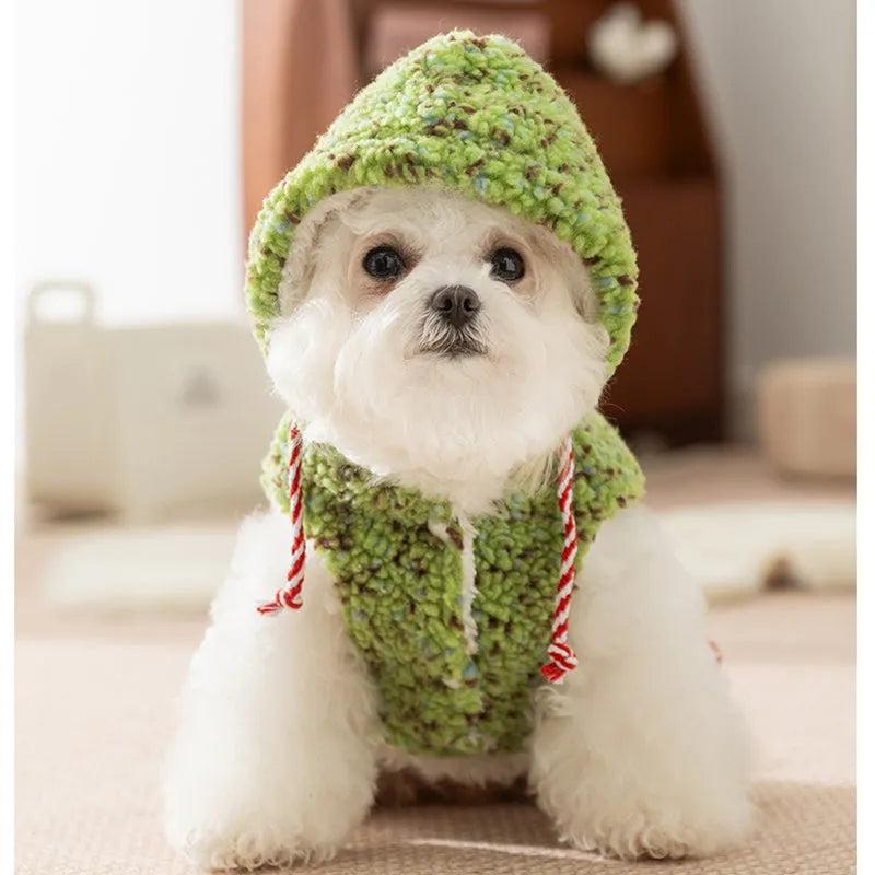 Snowman embroidered sherpa pet hoodie in pink with colourful dots for small dogs