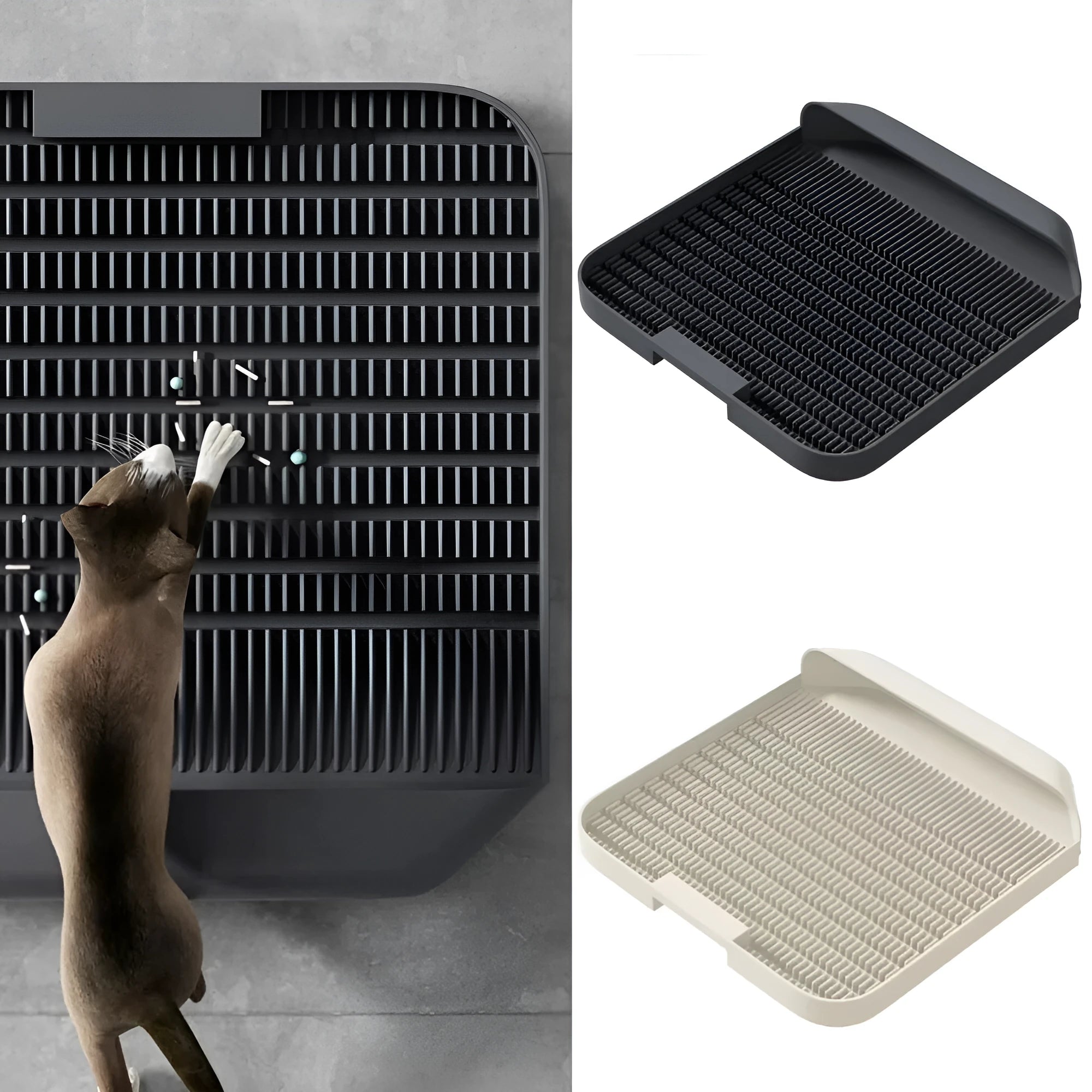 Large black cat litter pedal with slanted mouth and textured non-slip mat next to litter tray