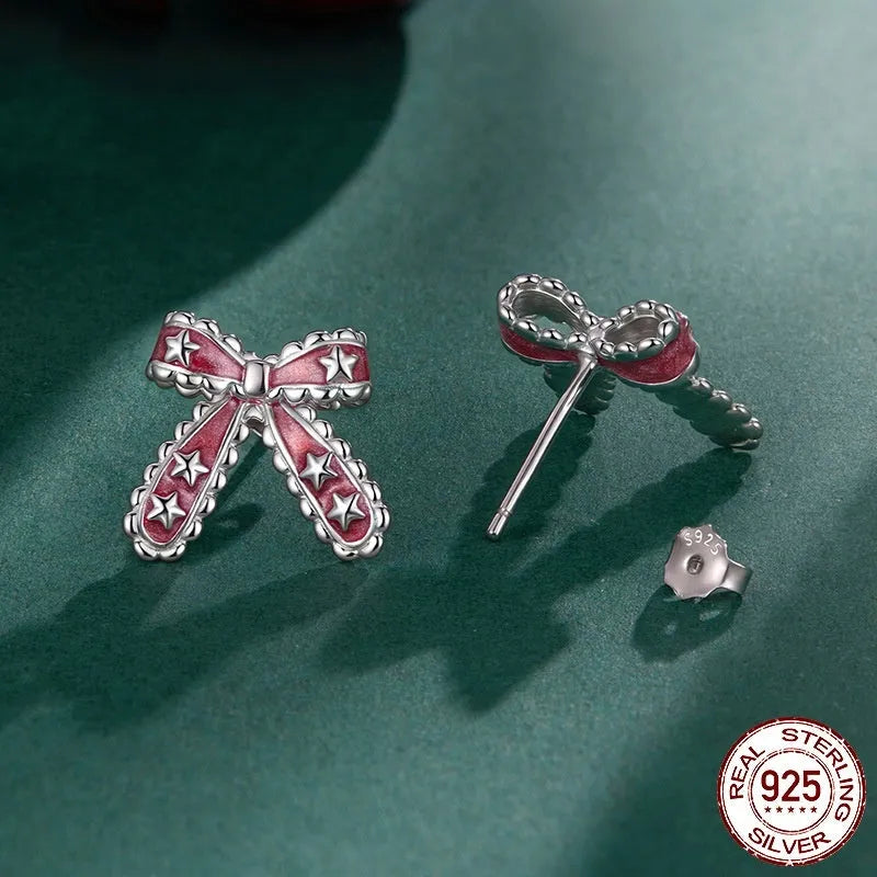 Christmas bowknot 925 sterling silver stud earrings with dripping oil finish in colour BSE1256