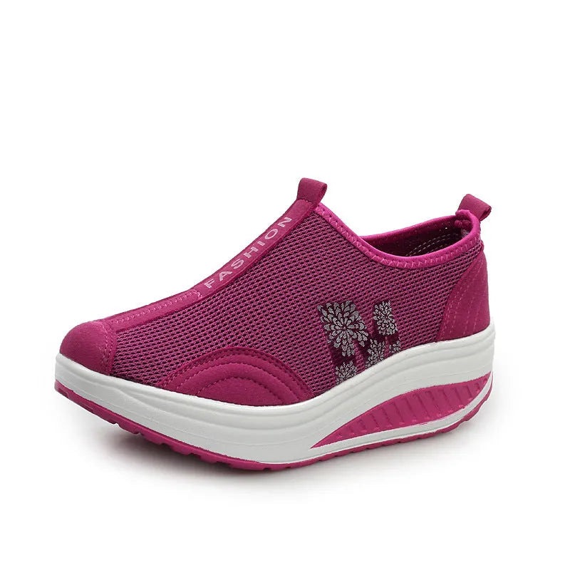 Women's casual wedge platform sneakers in 259 Black with mesh upper, round toe, and lace-up closure