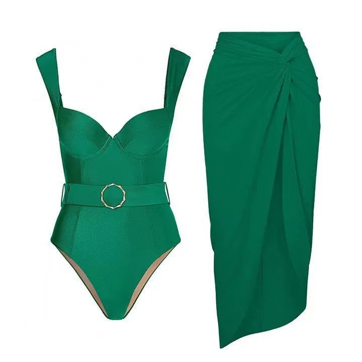 Women's polyester one-piece swimsuit with gauze skirt in double shoulder and oblique shoulder styles