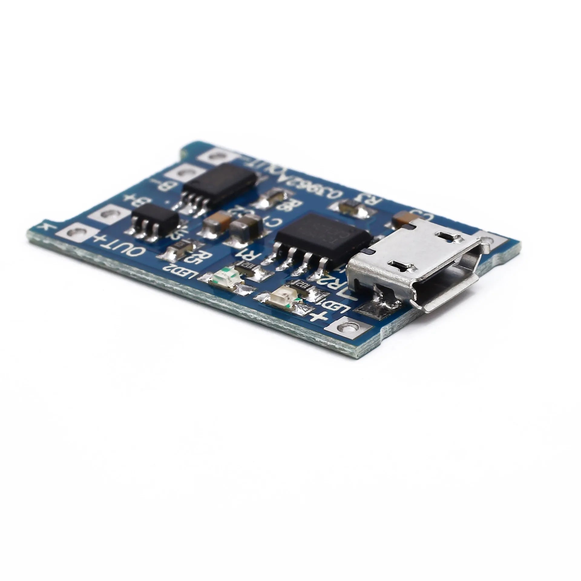 Blue lithium battery charging and protection board with micro-USB port and solder pads