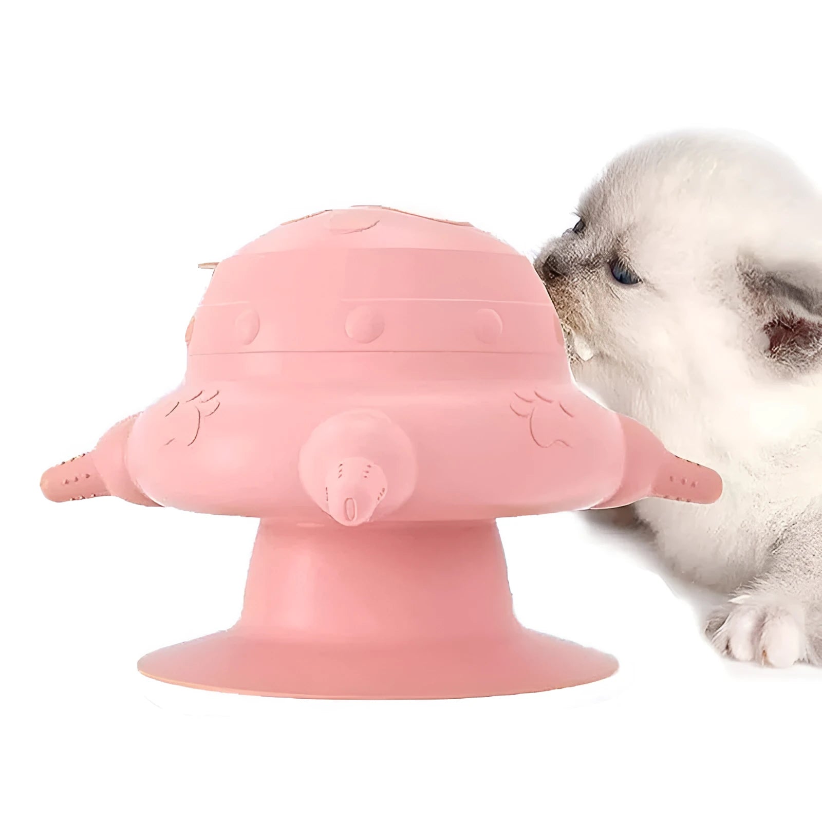 Pink silicone pet nursing bottle with four teats and a flat base.