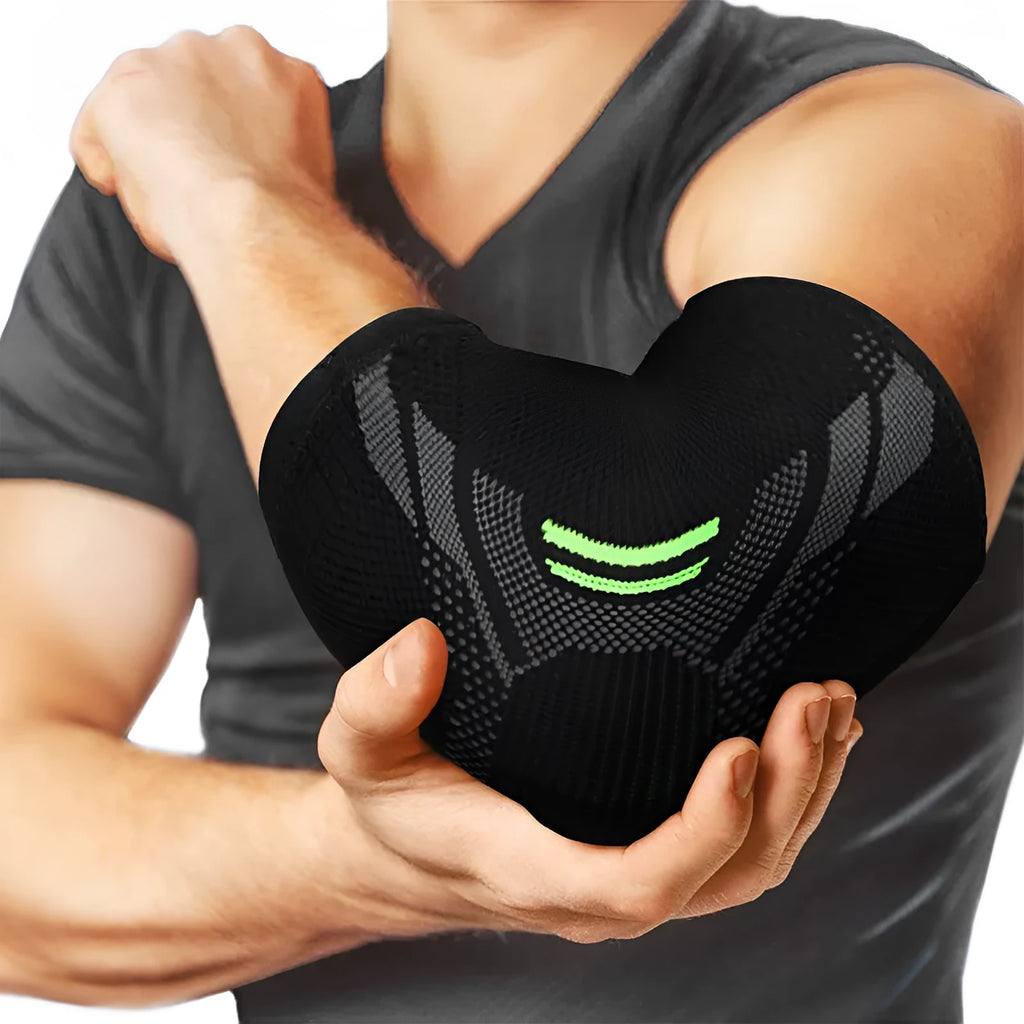 Black elbow support compression sleeve with anti-slip technical knit design on a neutral background